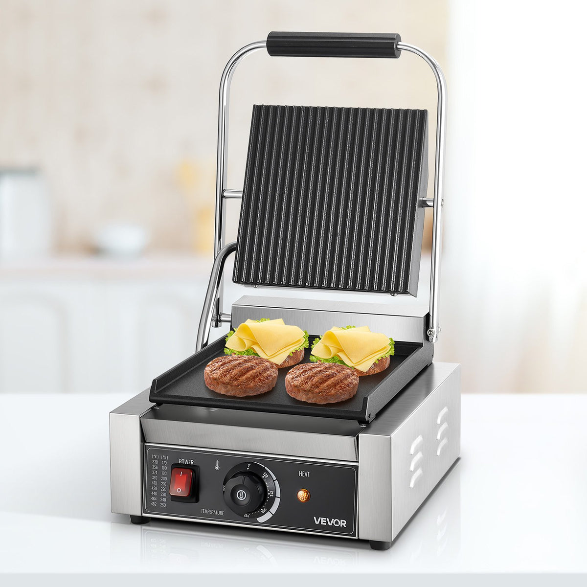 VEVOR Commercial Panini Grill, 1800W Electric Sandwich Panini Maker, Stainless Steel Sandwichs Press Grill with Handle and Temp Control, 8.8x9 in Flat Enamel Plate, for Hamburger Steak Bacon - DYYBDBL1800W2DDML002V1 - view 9