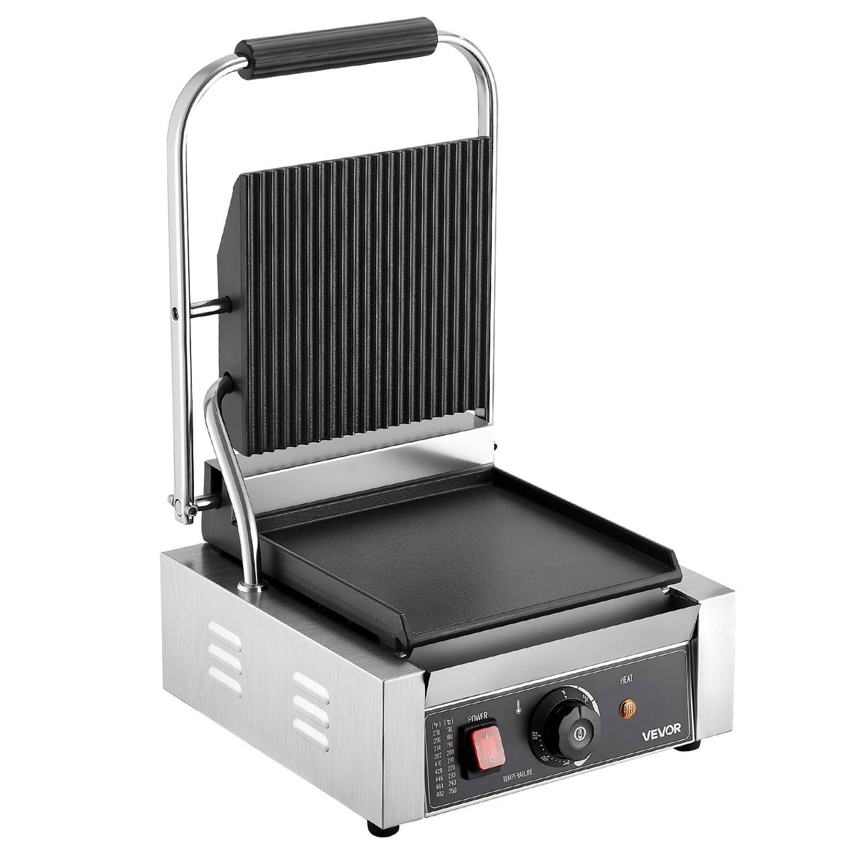 VEVOR Commercial Panini Grill, 1800W Electric Sandwich Panini Maker, Stainless Steel Sandwichs Press Grill with Handle and Temp Control, 8.8x9 in Flat Enamel Plate, for Hamburger Steak Bacon - DYYBDBL1800W2DDML002V1 - view 10