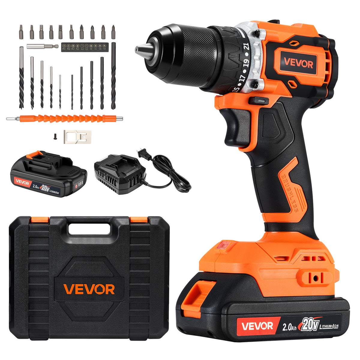 VEVOR Cordless Drill Driver, 1/2 inch Metal Chuck, Brushless Motor, Dual-Speed Variable, Drill Driver Kit with Lithium Battery and Charger, Tool Box, for Wood and Metal Drilling, Screw Driving - DZCGK12INCH2NS6HK001V1 - view 1