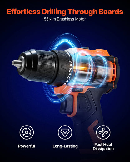 VEVOR Cordless Drill Driver, 1/2 inch Metal Chuck, Brushless Motor, Dual-Speed Variable, Drill Driver Kit with Lithium Battery and Charger, Tool Box, for Wood and Metal Drilling, Screw Driving - DZCGK12INCH2NS6HK001V1 - view 3