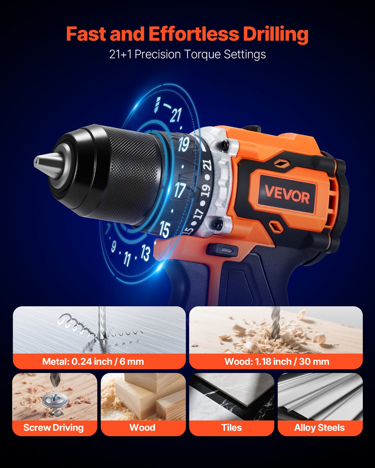 VEVOR Cordless Drill Driver, 1/2 inch Metal Chuck, Brushless Motor, Dual-Speed Variable, Drill Driver Kit with Lithium Battery and Charger, Tool Box, for Wood and Metal Drilling, Screw Driving - DZCGK12INCH2NS6HK001V1 - view 5