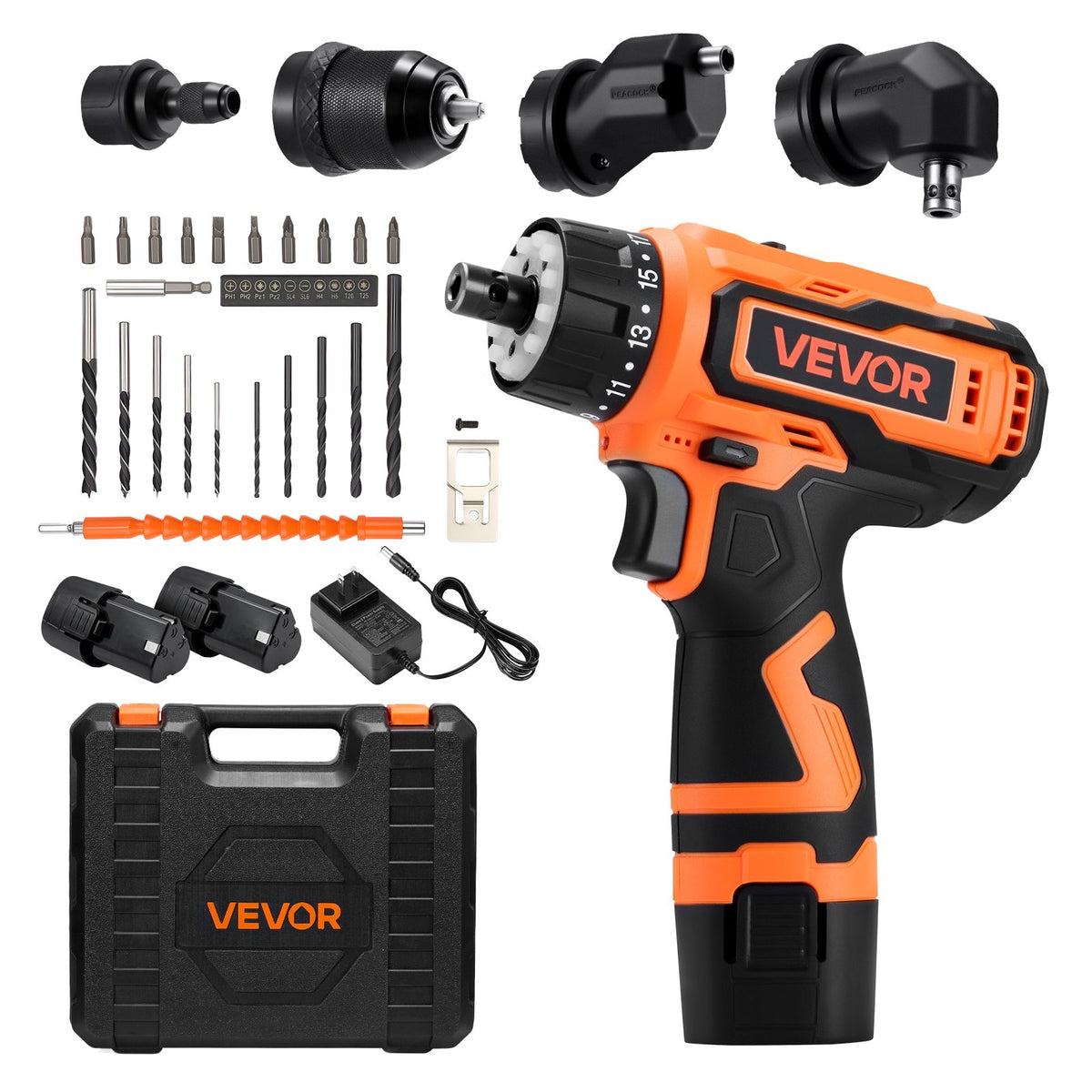 VEVOR Cordless Drill Driver, 5-In-1, Metal Chuck, Dual-Speed Variable, Drill Driver Kit with 2 Lithium Batteries and Charger, Tool Box, for Wood and Metal Drilling, Screw Tightening or Loosening - DZDHY38INCH16IV49001V1 - view 1