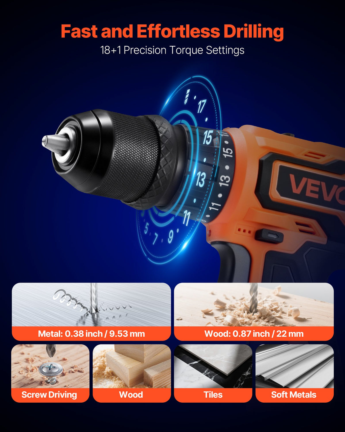 VEVOR Cordless Drill Driver, 5-In-1, Metal Chuck, Dual-Speed Variable, Drill Driver Kit with 2 Lithium Batteries and Charger, Tool Box, for Wood and Metal Drilling, Screw Tightening or Loosening - DZDHY38INCH16IV49001V1 - view 5