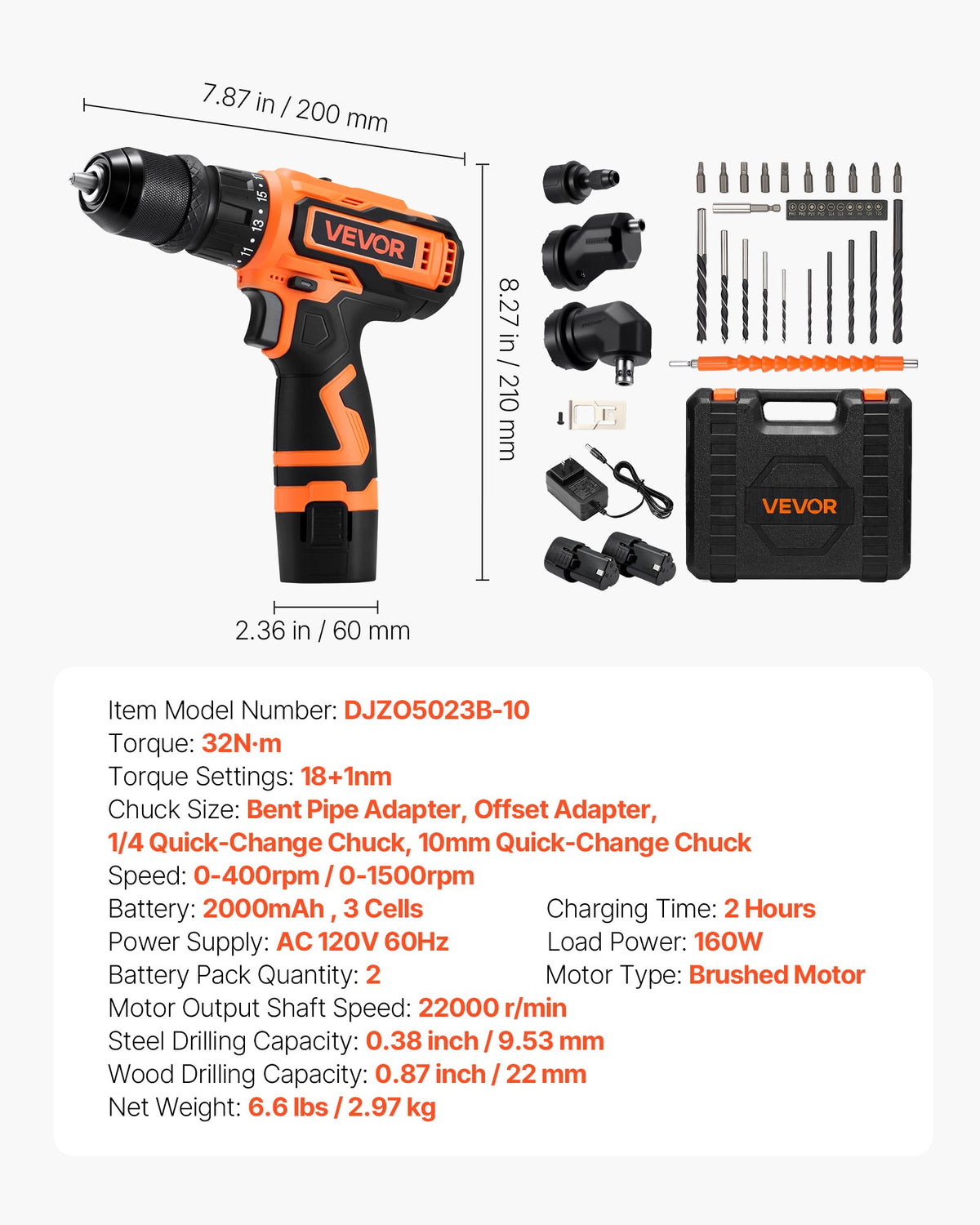 VEVOR Cordless Drill Driver, 5-In-1, Metal Chuck, Dual-Speed Variable, Drill Driver Kit with 2 Lithium Batteries and Charger, Tool Box, for Wood and Metal Drilling, Screw Tightening or Loosening - DZDHY38INCH16IV49001V1 - view 8