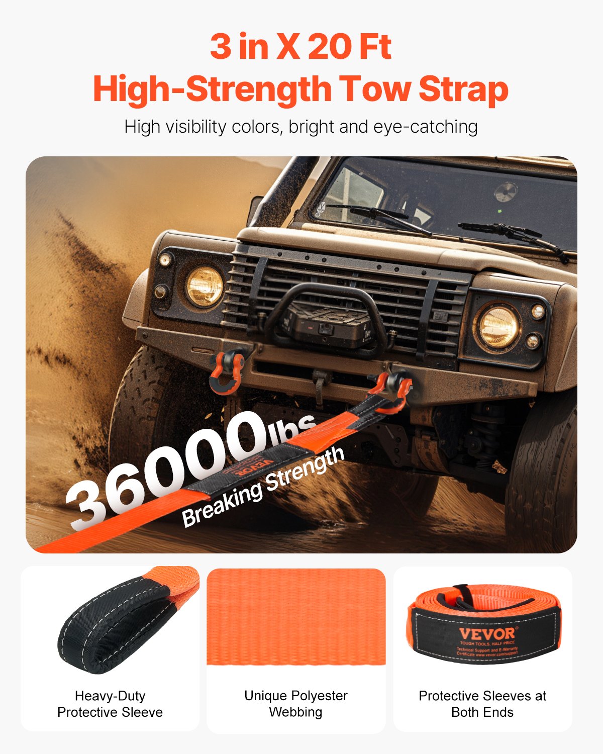 VEVOR Heavy Duty Tow Strap Recovery Kit 3 in x 20 ft (MBS-36,000 lbs) Tree Saver Winch Strap, Triple Reinforced Loop & Protective Sleeves & Storage Bag, 3/4" D-Ring Shackles, for Truck Jeep SUV ATV - DZDL20FT3INCF7LF5001V0 - view 3