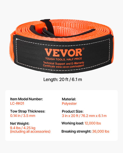 VEVOR Heavy Duty Tow Strap Recovery Kit 3 in x 20 ft (MBS-36,000 lbs) Tree Saver Winch Strap, Triple Reinforced Loop & Protective Sleeves & Storage Bag, 3/4" D-Ring Shackles, for Truck Jeep SUV ATV - DZDL20FT3INCF7LF5001V0 - view 8
