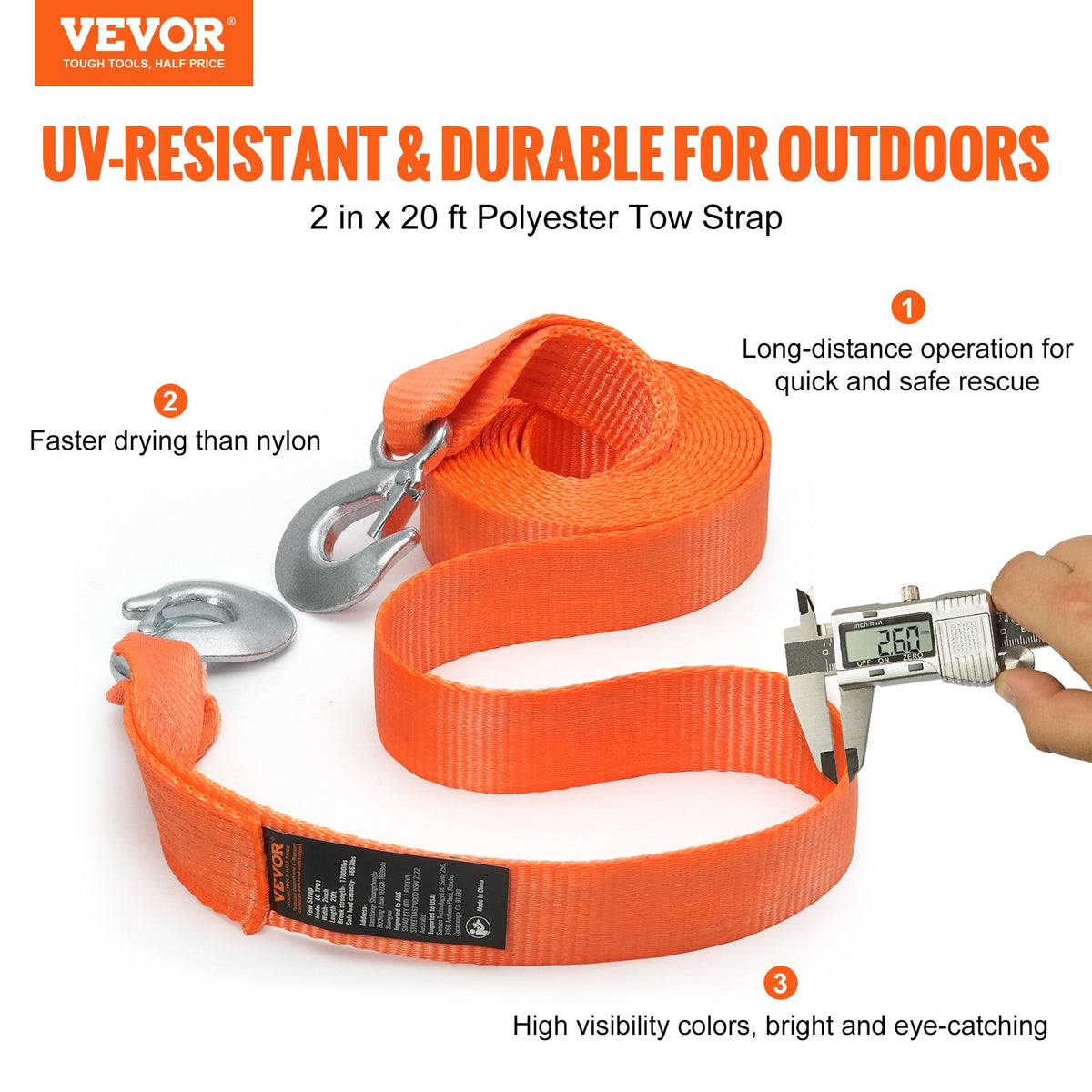 VEVOR ATV Tow Strap with Hooks, 2-inch x 20-foot, 17000 lbs Capacity, Durable Recovery Rope with Security Hooks for Trucks and Vehicles, Essential Towing Accessory for Roadside Assistance - DZDL2IN20FTCRJ6IZV0 - view 3
