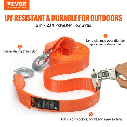 VEVOR ATV Tow Strap with Hooks, 2-inch x 20-foot, 17000 lbs Capacity, Durable Recovery Rope with Security Hooks for Trucks and Vehicles, Essential Towing Accessory for Roadside Assistance - DZDL2IN20FTCRJ6IZV0 - view 3
