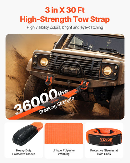 VEVOR Heavy Duty Tow Strap Recovery Kit 3 in x 30 ft (MBS-36,000 lbs) Tree Saver Winch Strap, Triple Reinforced Loop & Protective Sleeves & Storage Bag, 3/4" D-Ring Shackles, for Truck Jeep SUV ATV - DZDL30FT3INJ8YCJE001V0 - view 3