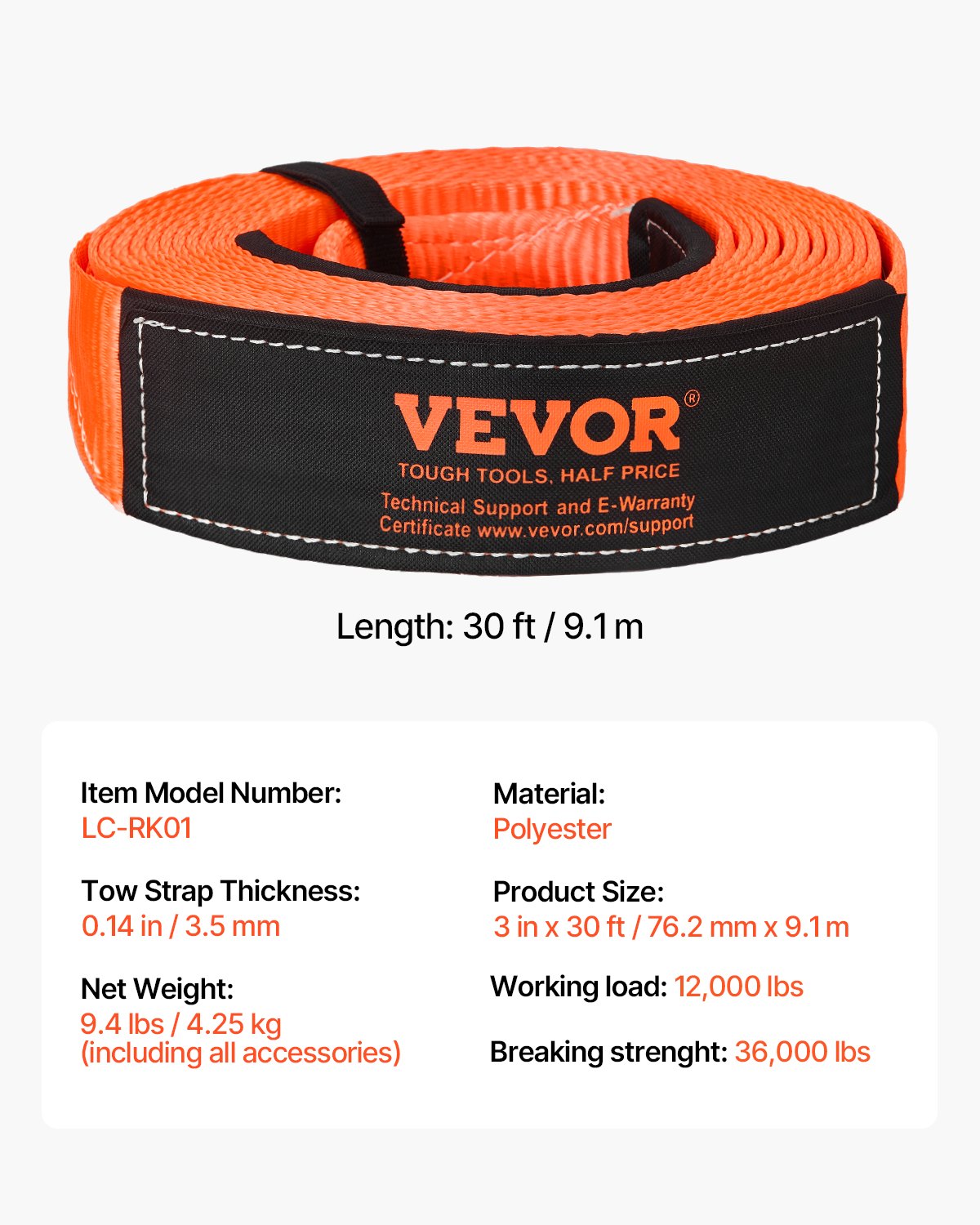 VEVOR Heavy Duty Tow Strap Recovery Kit 3 in x 30 ft (MBS-36,000 lbs) Tree Saver Winch Strap, Triple Reinforced Loop & Protective Sleeves & Storage Bag, 3/4" D-Ring Shackles, for Truck Jeep SUV ATV - DZDL30FT3INJ8YCJE001V0 - view 8