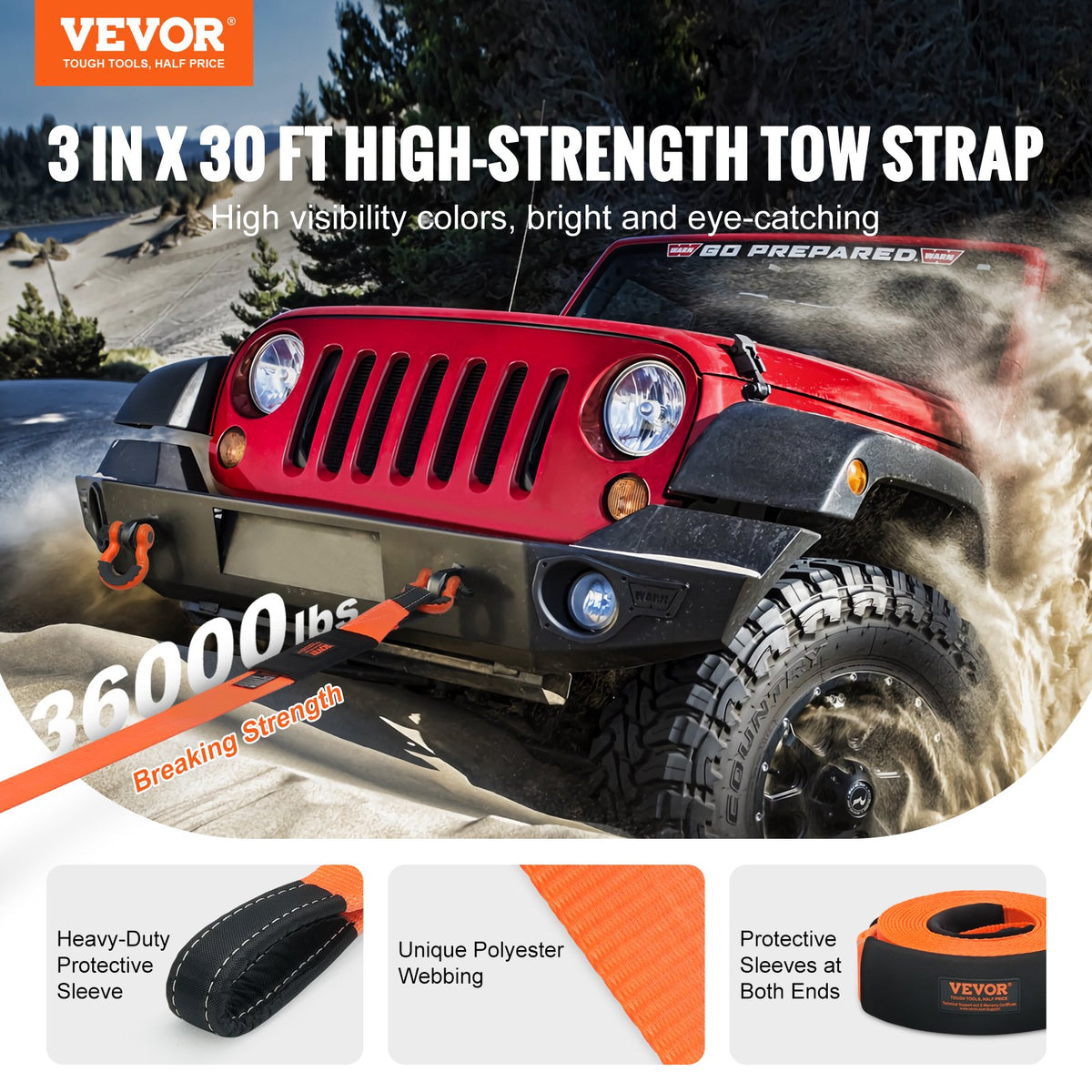 VEVOR Heavy Duty Tow Strap Recovery Kit 3" x 30 ft (MBS-36,000 lbs) Tree Saver Winch Strap, Triple Reinforced Loop & Protective Sleeves & Storage Bag , 3/4" D-Ring Shackles, for Truck Jeep SUV ATV - DZDL3IN30FTJG2LACV0 - view 3