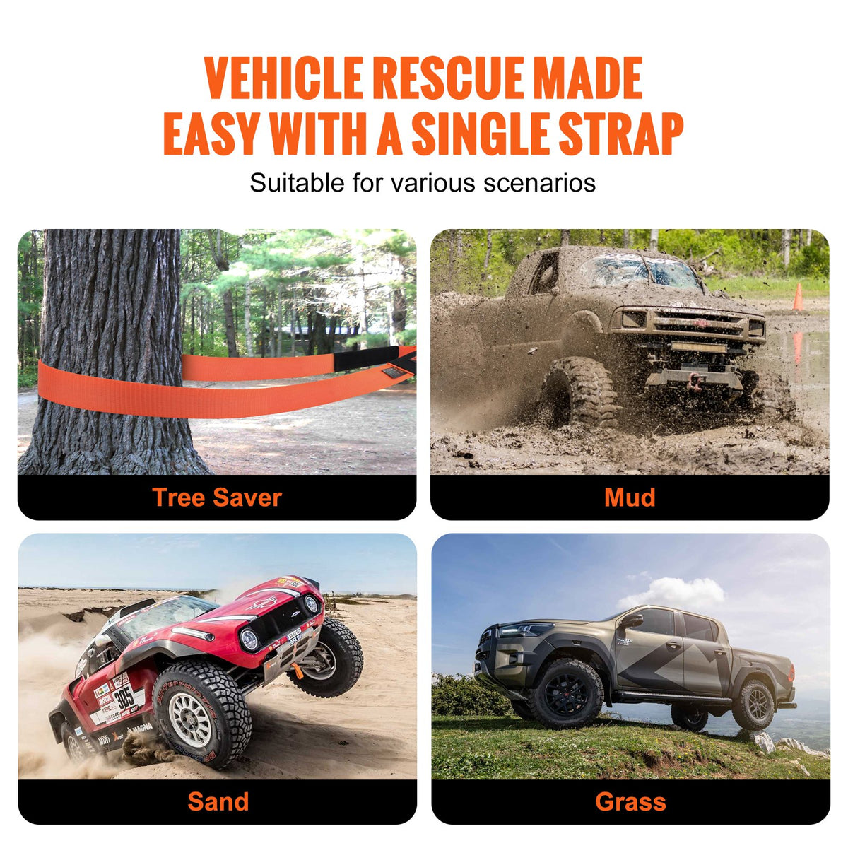 VEVOR Heavy Duty Tow Strap Recovery Kit 3" x 30 ft (MBS-36,000 lbs) Tree Saver Winch Strap, Triple Reinforced Loop & Protective Sleeves & Storage Bag , 3/4" D-Ring Shackles, for Truck Jeep SUV ATV - DZDL3IN30FTJG2LACV0 - view 7