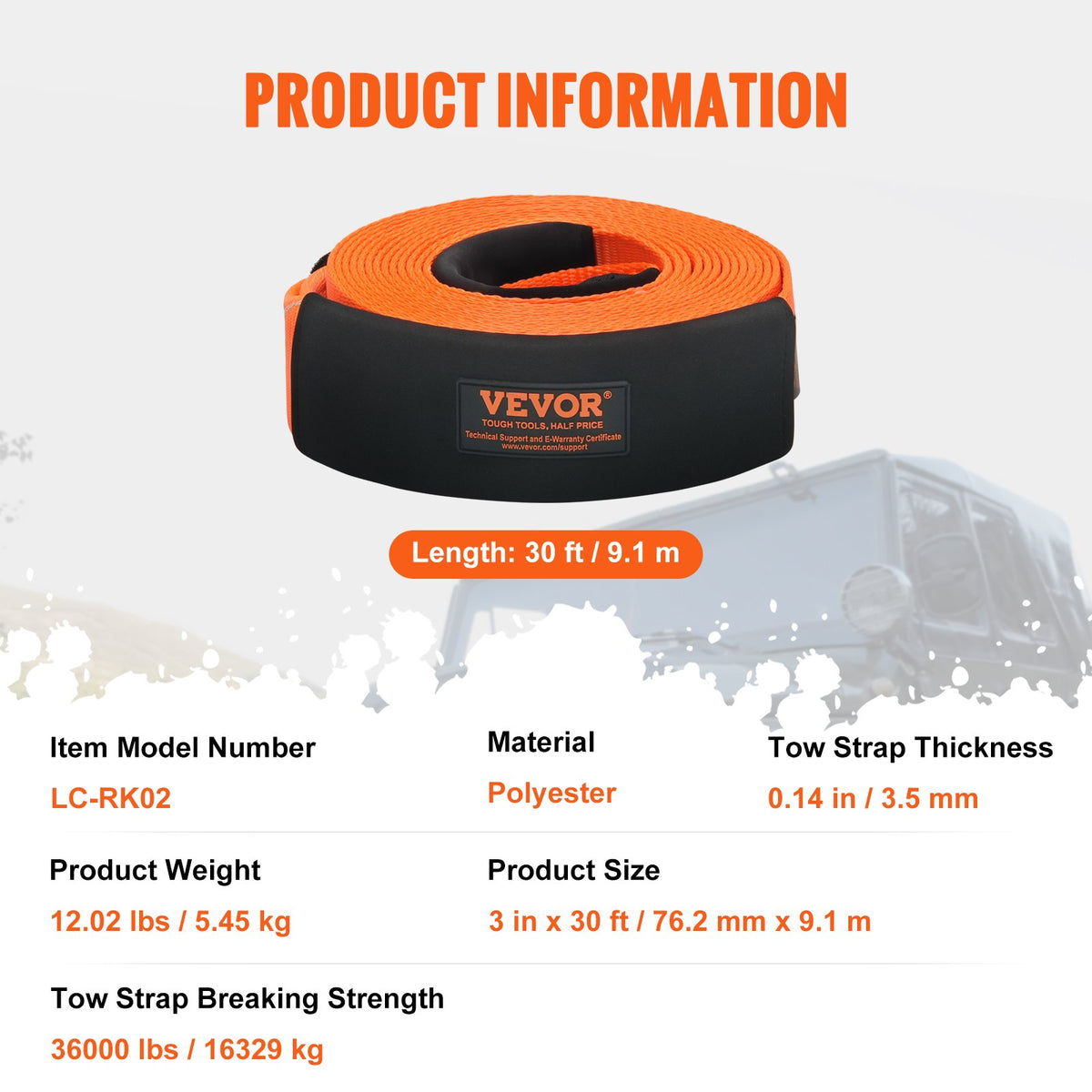 VEVOR Heavy Duty Tow Strap Recovery Kit 3" x 30 ft (MBS-36,000 lbs) Tree Saver Winch Strap, Triple Reinforced Loop & Protective Sleeves & Storage Bag , 3/4" D-Ring Shackles, for Truck Jeep SUV ATV - DZDL3IN30FTJG2LACV0 - view 8