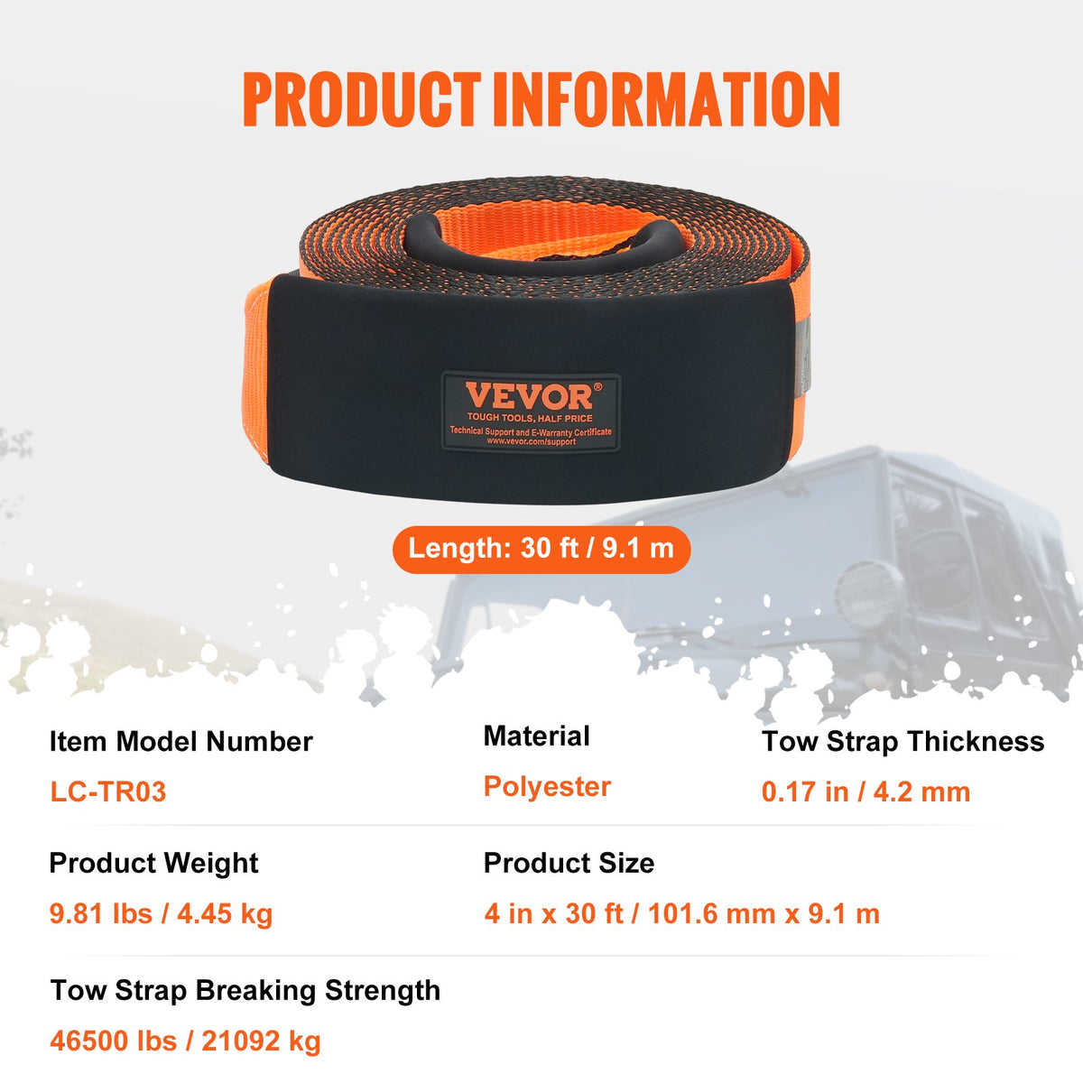 VEVOR Recovery Tow Strap 4" x 30', 46,500 lbs Break Strength, Triple Reinforced Loop Straps, Tree Saver, Off Road Towing and Recovery, Extreme Weather Resistance, Protective Sleeves & Storage Bag - DZDL4IN30FTC67B2XV0 - view 8