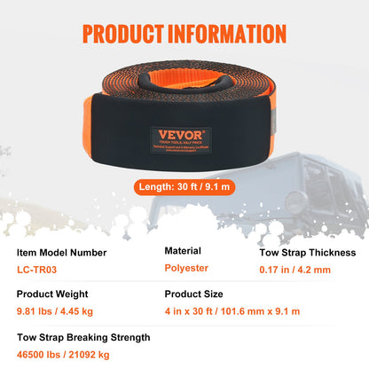 VEVOR Recovery Tow Strap 4" x 30', 46,500 lbs Break Strength, Triple Reinforced Loop Straps, Tree Saver, Off Road Towing and Recovery, Extreme Weather Resistance, Protective Sleeves & Storage Bag - DZDL4IN30FTC67B2XV0 - view 8