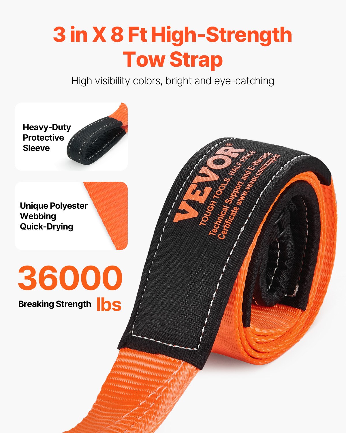 VEVOR Recovery Tow Strap 3 inches, 8 feet 36,000 lbs Break Strength, Triple Reinforced Loop Straps, Tree Saver, Winch Line Extension Strap, Off Road Towing and Recovery, Extreme Weather Resistance - DZDL8FT3INCG38O3C001V0 - view 3