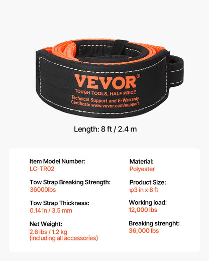 VEVOR Recovery Tow Strap 3 inches, 8 feet 36,000 lbs Break Strength, Triple Reinforced Loop Straps, Tree Saver, Winch Line Extension Strap, Off Road Towing and Recovery, Extreme Weather Resistance - DZDL8FT3INCG38O3C001V0 - view 8