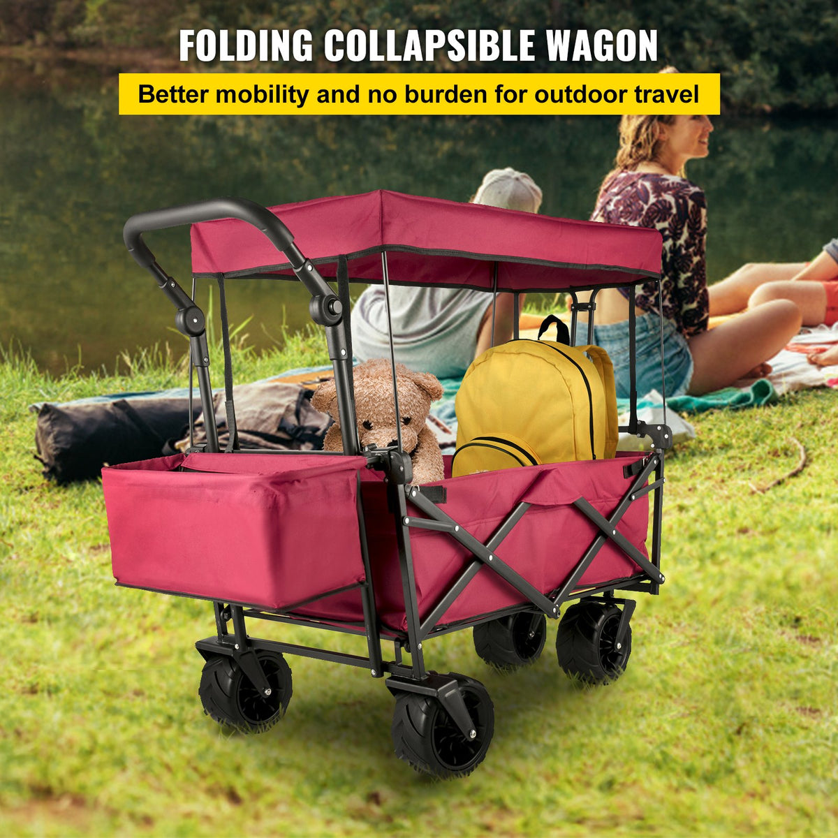 VEVOR Extra Large Collapsible Garden Cart with Removable Canopy, Folding Wagon Utility Carts with Wheels and Rear Storage, Wagon Cart for Garden, Camping, Grocery Cart, Shopping Cart, Red - DZDPTC-RDHSKU0001V0 - view 3