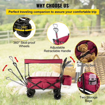 VEVOR Extra Large Collapsible Garden Cart with Removable Canopy, Folding Wagon Utility Carts with Wheels and Rear Storage, Wagon Cart for Garden, Camping, Grocery Cart, Shopping Cart, Red - DZDPTC-RDHSKU0001V0 - view 7