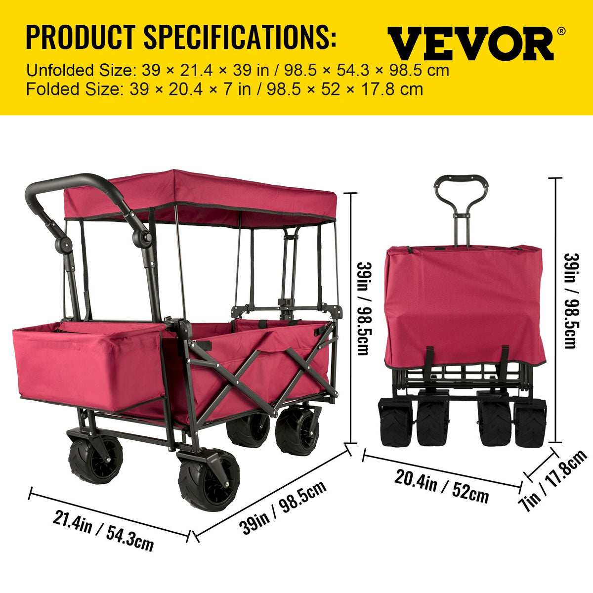 VEVOR Extra Large Collapsible Garden Cart with Removable Canopy, Folding Wagon Utility Carts with Wheels and Rear Storage, Wagon Cart for Garden, Camping, Grocery Cart, Shopping Cart, Red - DZDPTC-RDHSKU0001V0 - view 8