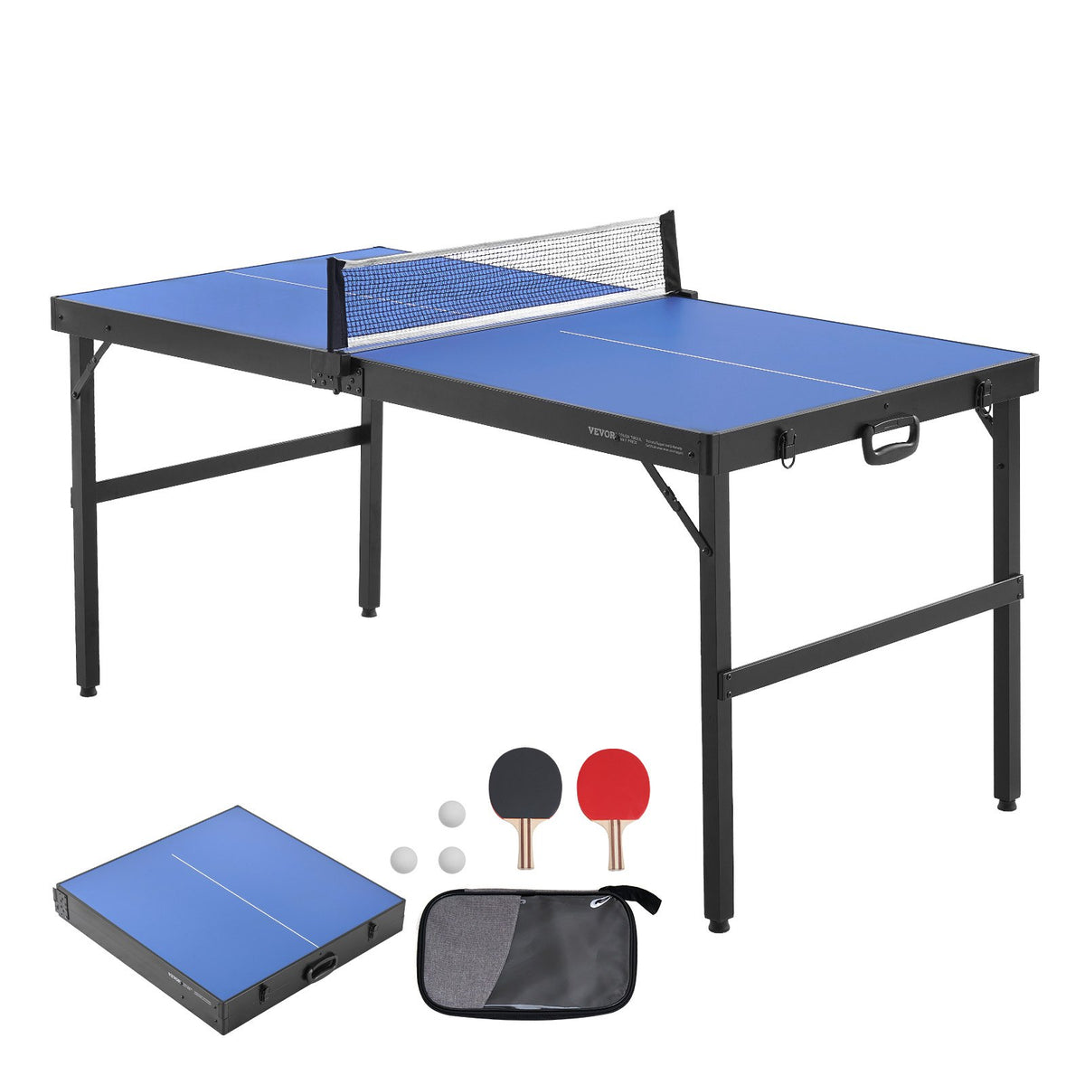 VEVOR Ping Pong Table, Mid-Size Table Tennis Game, Indoor MDF Table Tennis Table, Foldable Portable Complete Ping Pong Table Set with Net, 2 Paddles, 3 Balls, Carry Bag, Handle (No Assembly Required) - DZDTZDPPQZ12L9WUBV0 - view 1