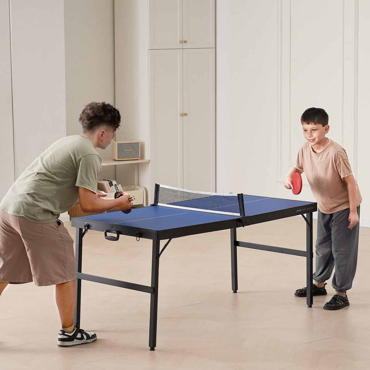VEVOR Ping Pong Table, Mid-Size Table Tennis Game, Indoor MDF Table Tennis Table, Foldable Portable Complete Ping Pong Table Set with Net, 2 Paddles, 3 Balls, Carry Bag, Handle (No Assembly Required) - DZDTZDPPQZ12L9WUBV0 - view 9