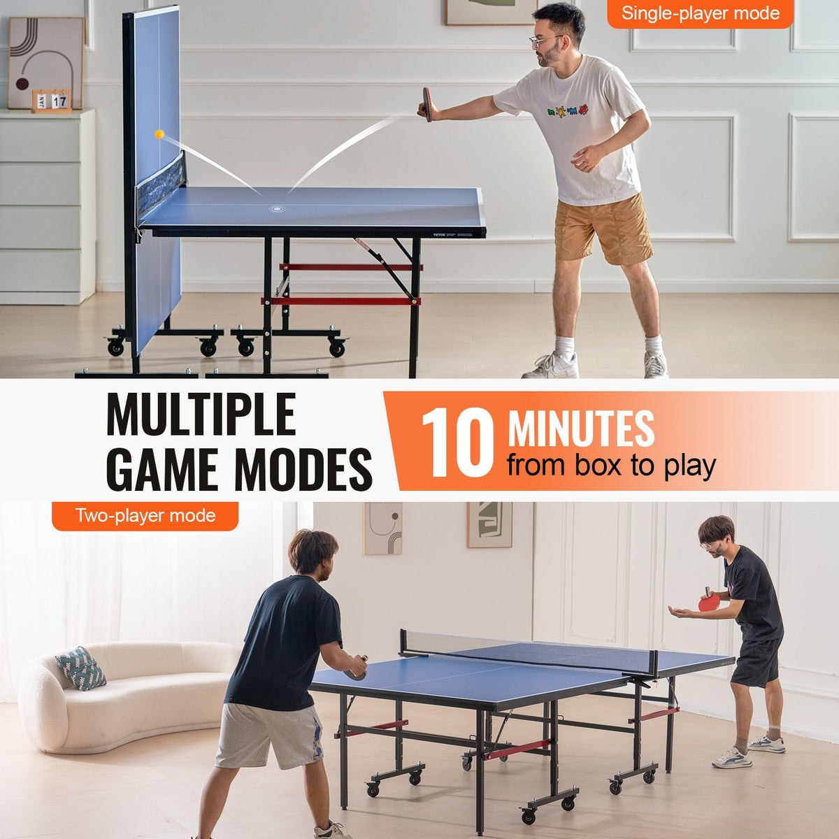 VEVOR Ping Pong Table, Professional Table Tennis Game, Indoor MDF Portable Table Tennis Table, Foldable Ping Pong Table with Quick Clamp Net and Lockable Wheel, 10 Minute Easy Assembly, 18mm Tabletops - DZDTZDPPQZ1877HKXV0 - view 5