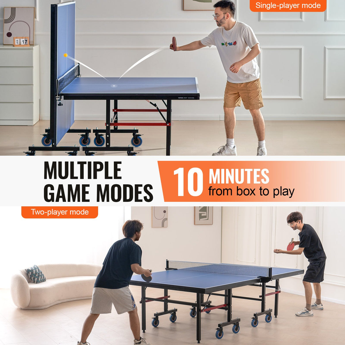 VEVOR Ping Pong Table, Professional Table Tennis Game, Indoor MDF Portable Table Tennis Table, Foldable Ping Pong Table with Quick Clamp Net and Lockable Wheel, 10 Minute Easy Assembly, 25mm Tabletops - DZDTZDPPQZ257835ZV0 - view 5