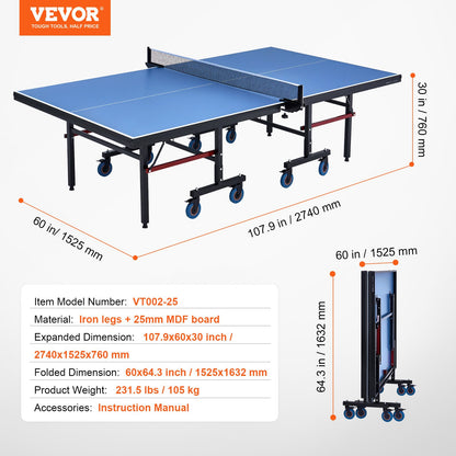 VEVOR Ping Pong Table, Professional Table Tennis Game, Indoor MDF Portable Table Tennis Table, Foldable Ping Pong Table with Quick Clamp Net and Lockable Wheel, 10 Minute Easy Assembly, 25mm Tabletops - DZDTZDPPQZ257835ZV0 - view 8