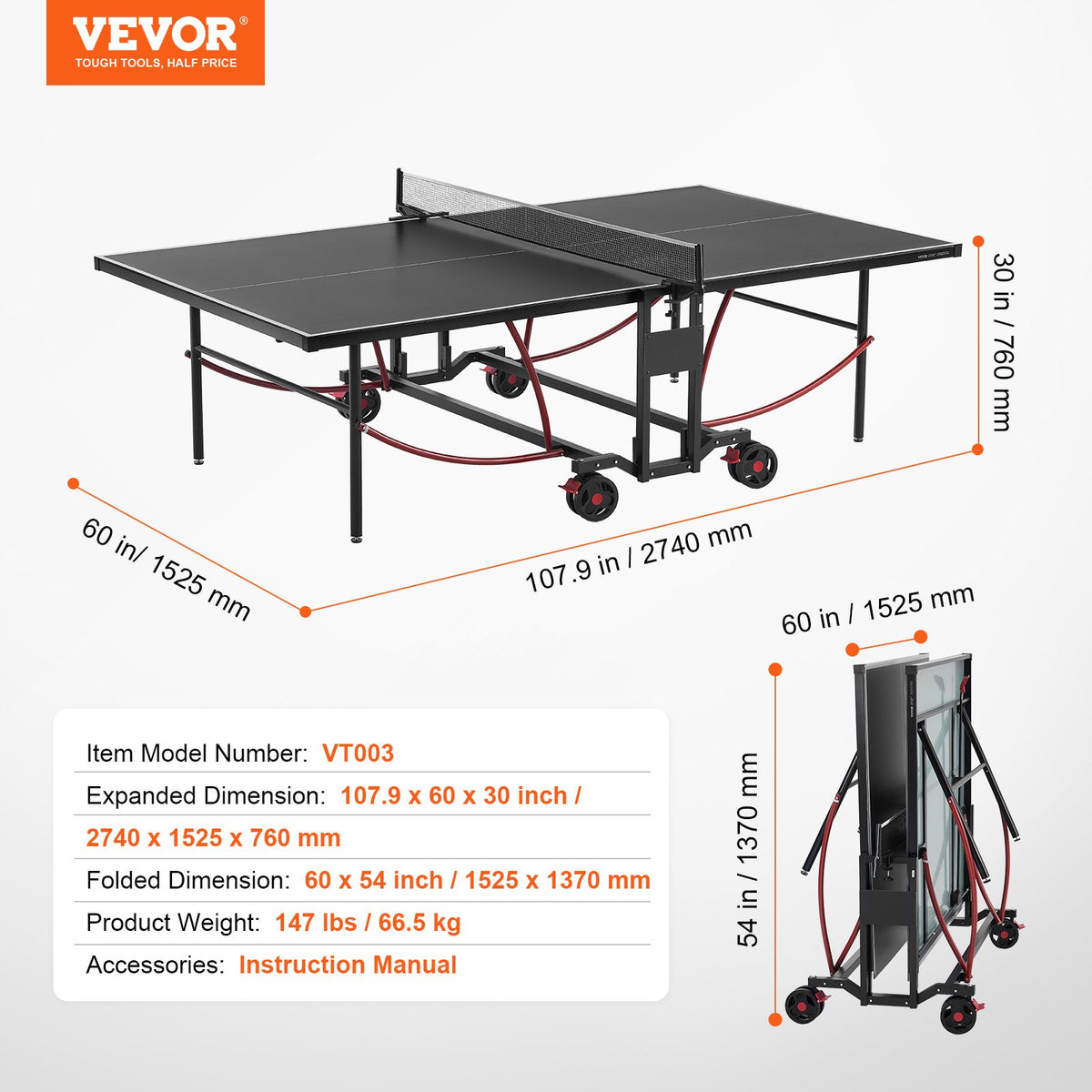 VEVOR Ping Pong Table, Professional Table Tennis Game, Indoor/Outdoor All Weather Aluminum Table Tennis Table, Portable Foldable Table with Quick Clamp Net & Large Lockable Wheels, 10 Minute Assembly - DZDTZDPPQZ6MQ32J9V0 - view 8