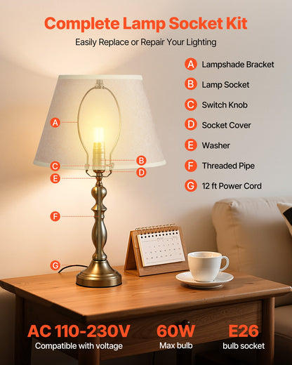 VEVOR Lamp Rewire Kit, E26 Lamp Socket with 12 ft Matching Cord, Antique Bronze Finish, Lamps Making Kit with All Essential Hardware, Light Wiring Kits for Table & Floor Lamps, DIY Rewire or Repair - DZDZXTZ1G0008U17N001V6 - view 3