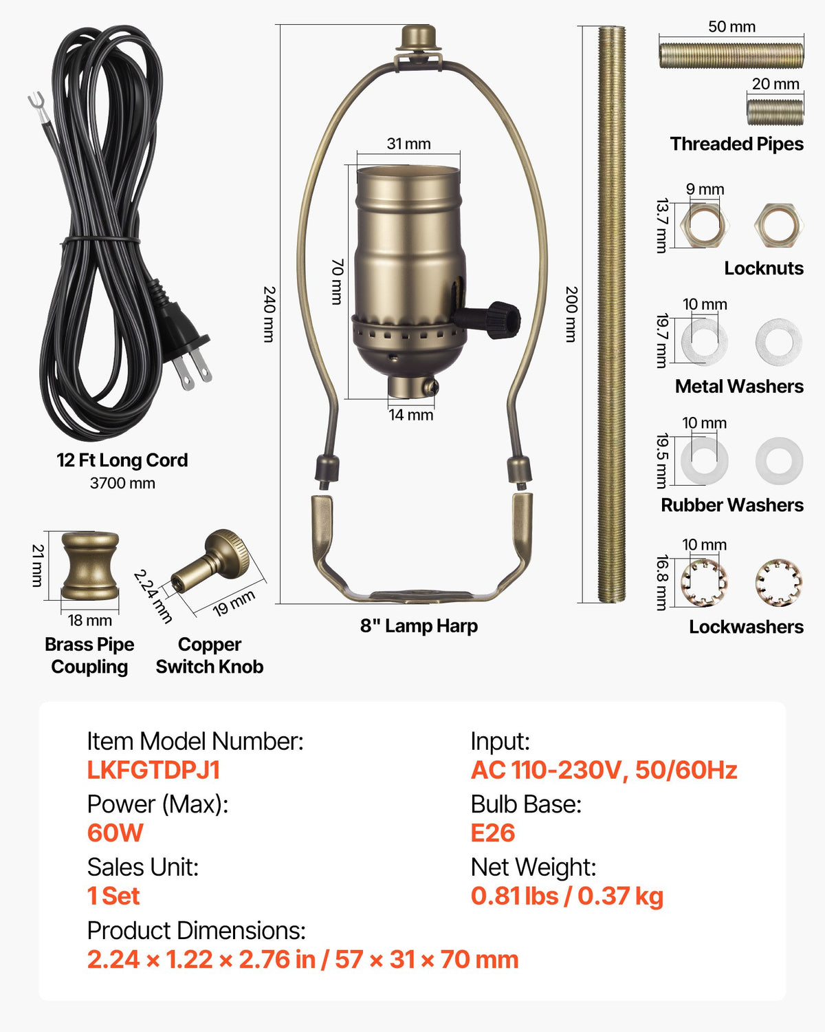 VEVOR Lamp Rewire Kit, E26 Lamp Socket with 12 ft Matching Cord, Antique Bronze Finish, Lamps Making Kit with All Essential Hardware, Light Wiring Kits for Table & Floor Lamps, DIY Rewire or Repair - DZDZXTZ1G0008U17N001V6 - view 8