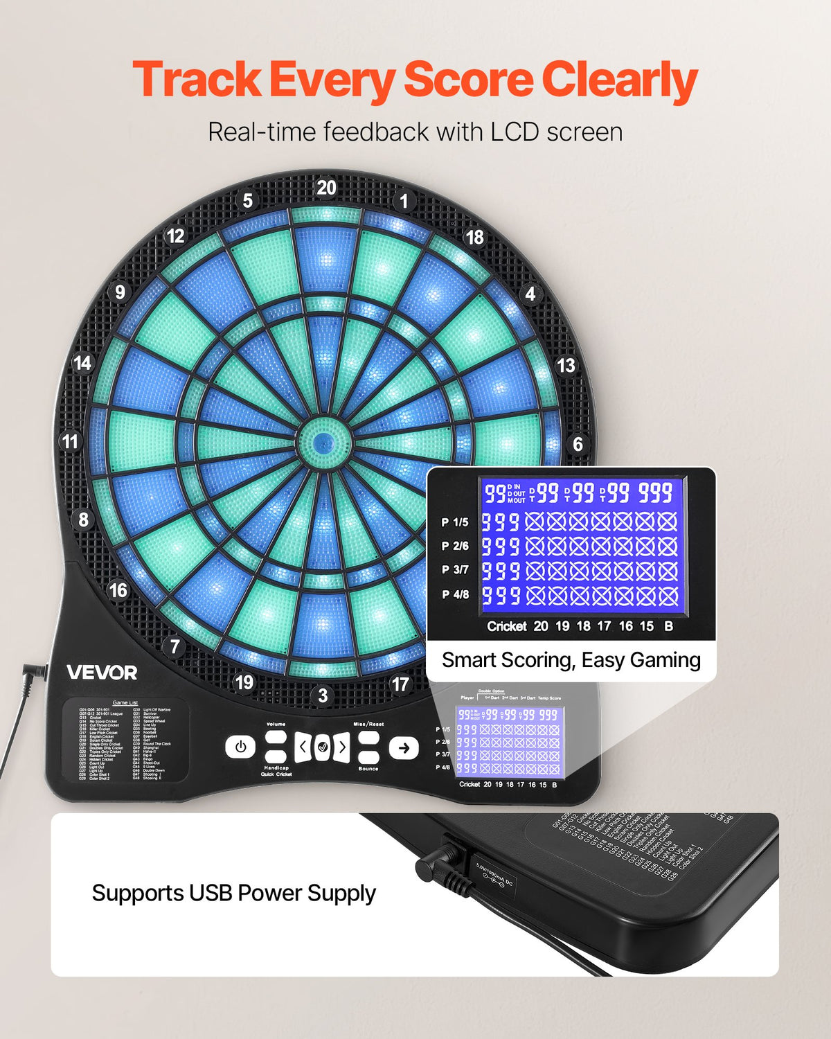VEVOR Electronic Dart Board, LED-Illuminated Target Dartboard with 48 Games & 500+ Variations, Includes 6 Dart Shafts with Flights & 50 Soft Tips, Cricket Scoring LCD Screen - Supports Up to 8 Players - DZFBB135INCHH242X001V9 - view 5