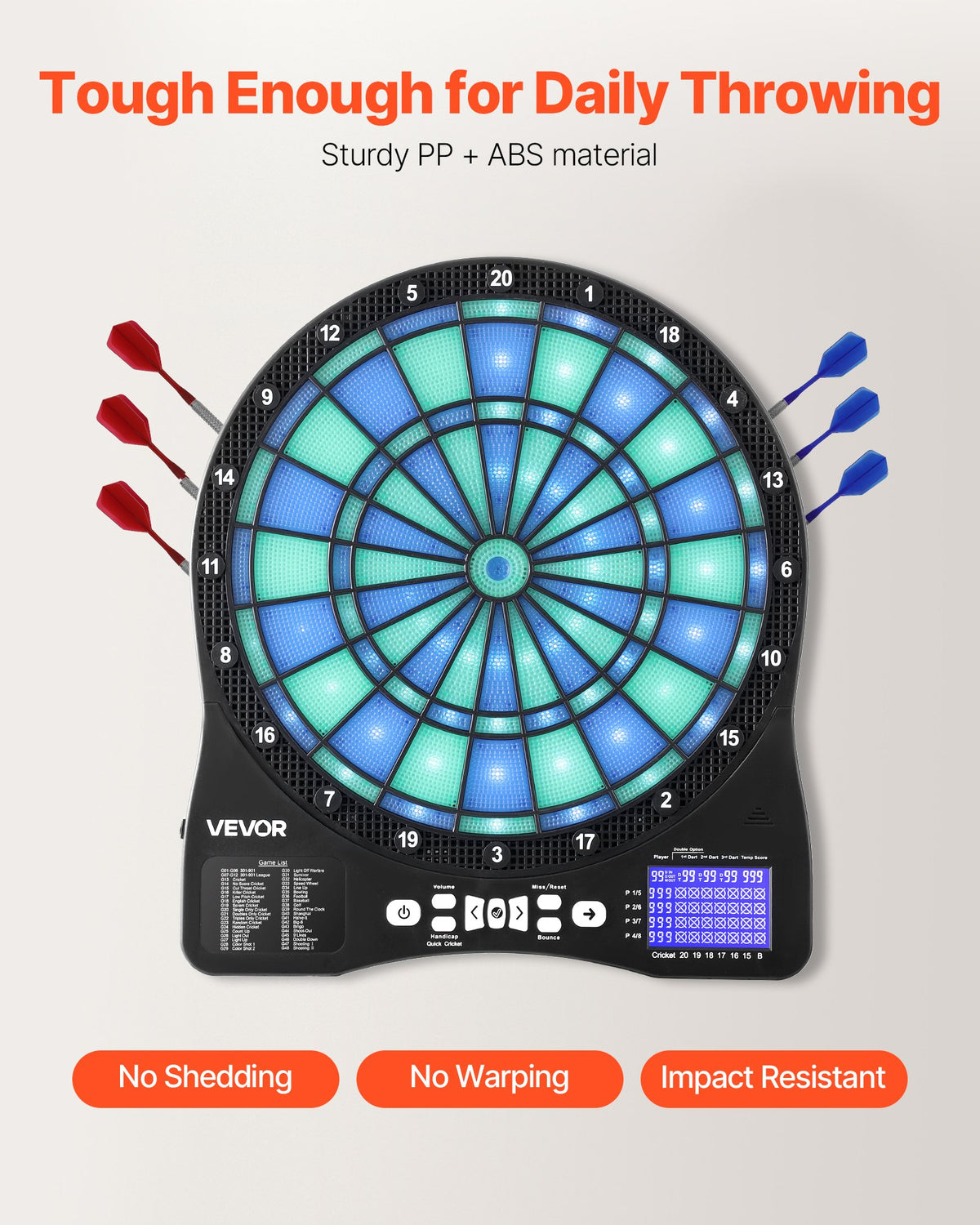 VEVOR Electronic Dart Board, LED-Illuminated Target Dartboard with 48 Games & 500+ Variations, Includes 6 Dart Shafts with Flights & 50 Soft Tips, Cricket Scoring LCD Screen - Supports Up to 8 Players - DZFBB135INCHH242X001V9 - view 6