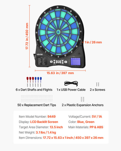 VEVOR Electronic Dart Board, LED-Illuminated Target Dartboard with 48 Games & 500+ Variations, Includes 6 Dart Shafts with Flights & 50 Soft Tips, Cricket Scoring LCD Screen - Supports Up to 8 Players - DZFBB135INCHH242X001V9 - view 8