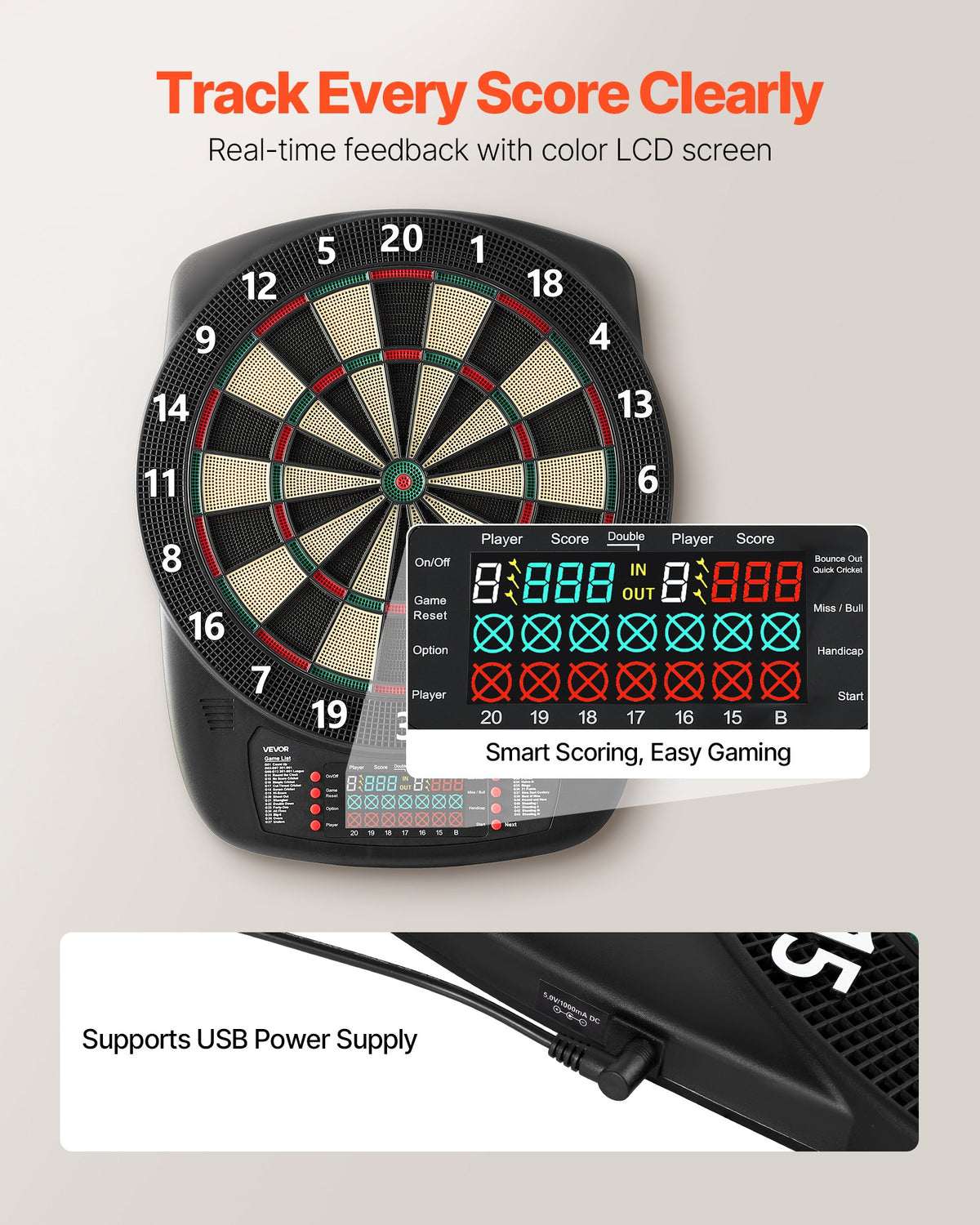 VEVOR Electronic Dart Board, 13.5" Target Dartboard with 43 Games & 200+ Variations for Up to 8 Players, 6 Dart Shafts with Flights & 50 Soft Tips, Color LCD Scoring Screen for Home Party Game Rooms - DZFBB135INCHUNE2I001V9 - view 5