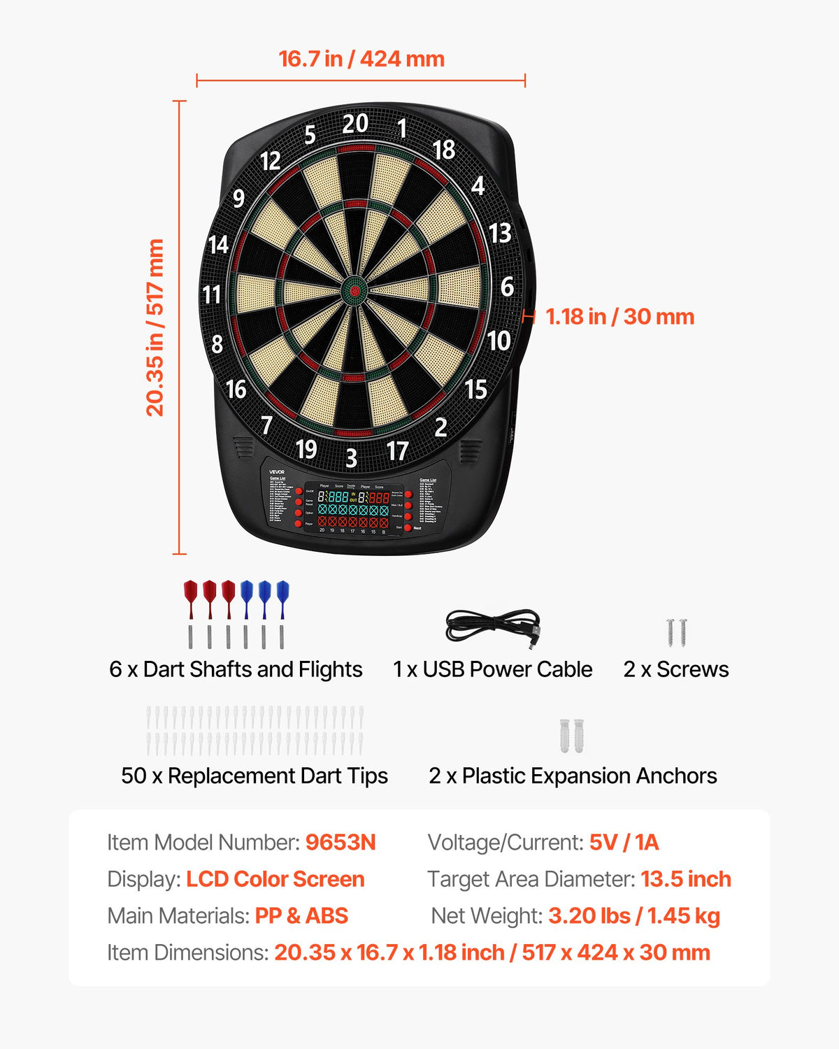 VEVOR Electronic Dart Board, 13.5" Target Dartboard with 43 Games & 200+ Variations for Up to 8 Players, 6 Dart Shafts with Flights & 50 Soft Tips, Color LCD Scoring Screen for Home Party Game Rooms - DZFBB135INCHUNE2I001V9 - view 8