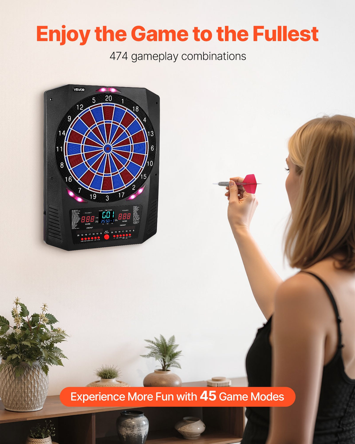 VEVOR Electronic Dart Board, 13.5" Target Dartboard with 45 Games & 474 Variations for Up to 8 Players, 6 Dart Shafts with Flights & 50 Soft Tips, Color LED Cricket Scoring Screen for Home Party Bar - DZFBB135INCHUY3BZ001V9 - view 3