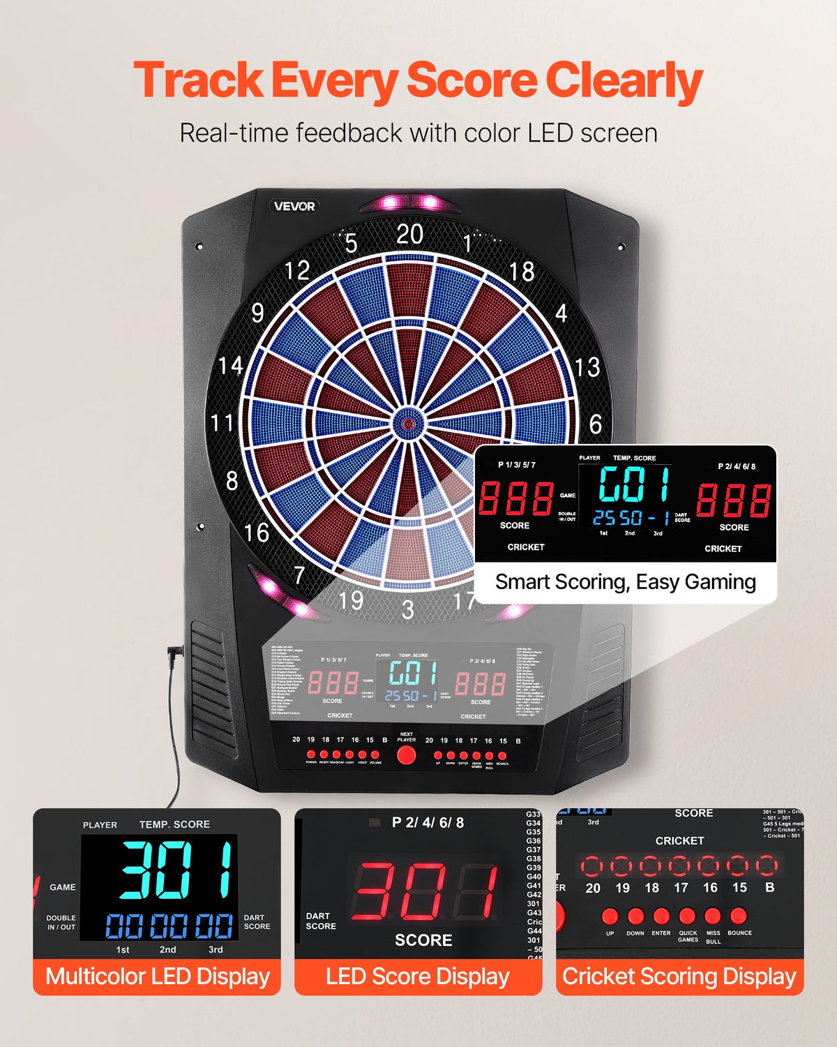 VEVOR Electronic Dart Board, 13.5" Target Dartboard with 45 Games & 474 Variations for Up to 8 Players, 6 Dart Shafts with Flights & 50 Soft Tips, Color LED Cricket Scoring Screen for Home Party Bar - DZFBB135INCHUY3BZ001V9 - view 5