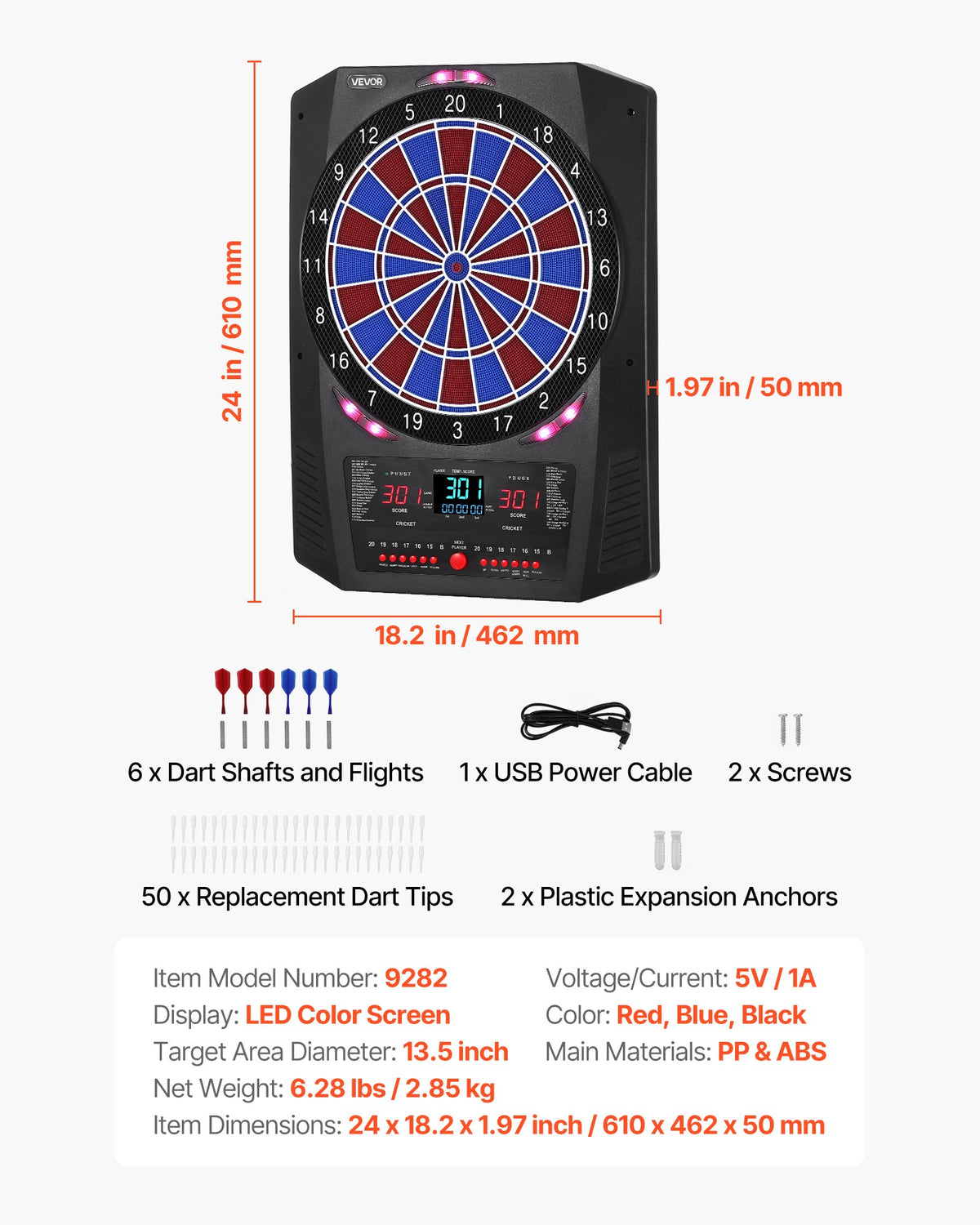 VEVOR Electronic Dart Board, 13.5" Target Dartboard with 45 Games & 474 Variations for Up to 8 Players, 6 Dart Shafts with Flights & 50 Soft Tips, Color LED Cricket Scoring Screen for Home Party Bar - DZFBB135INCHUY3BZ001V9 - view 8