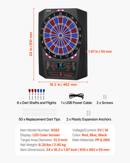 VEVOR Electronic Dart Board, 13.5" Target Dartboard with 45 Games & 474 Variations for Up to 8 Players, 6 Dart Shafts with Flights & 50 Soft Tips, Color LED Cricket Scoring Screen for Home Party Bar - DZFBB135INCHUY3BZ001V9 - view 8