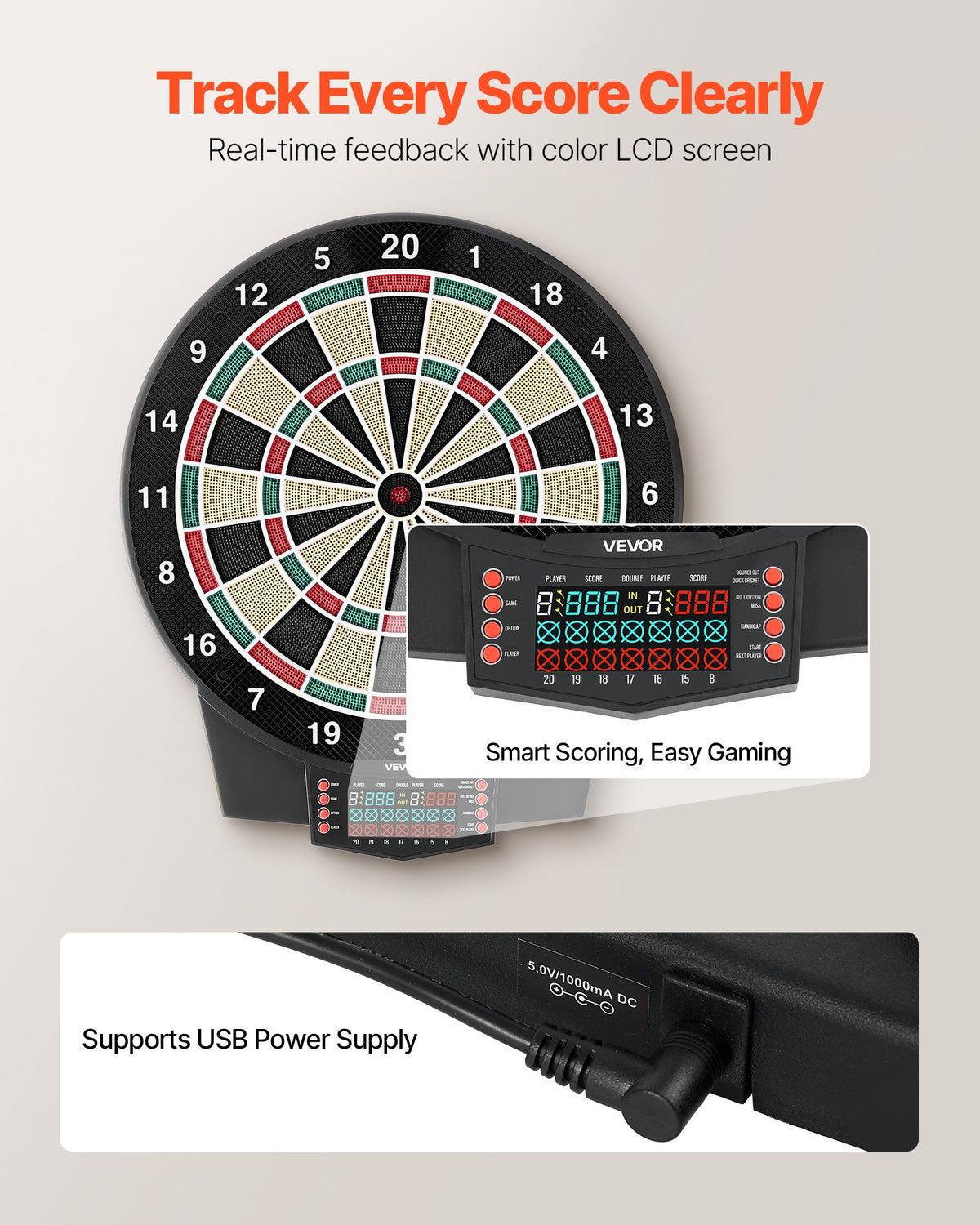 VEVOR Electronic Dart Board, 15.5" Target Dartboard with 43 Games & 320+ Variations for Up to 8 Players, 6 Dart Shafts with Flights & 50 Soft Tips, Color LCD Scoring Screen for Home Party Game Room - DZFBB155INCHSNG86001V9 - view 5