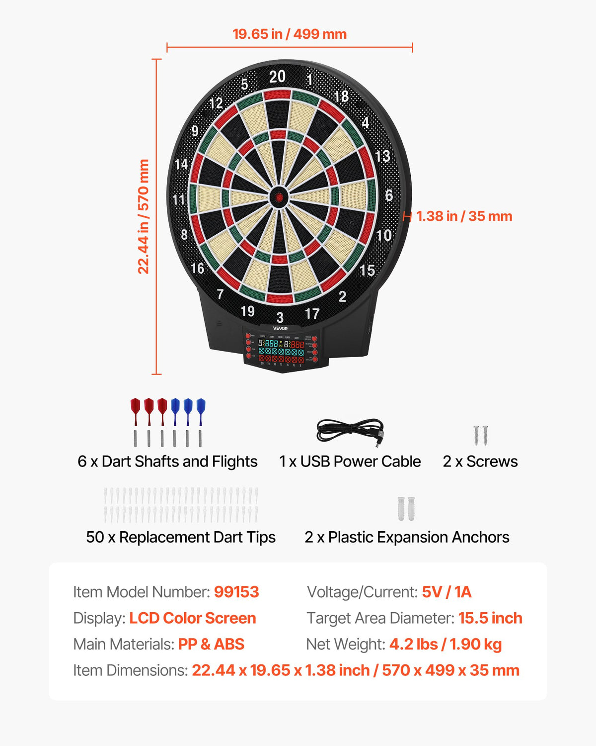 VEVOR Electronic Dart Board, 15.5" Target Dartboard with 43 Games & 320+ Variations for Up to 8 Players, 6 Dart Shafts with Flights & 50 Soft Tips, Color LCD Scoring Screen for Home Party Game Room - DZFBB155INCHSNG86001V9 - view 8
