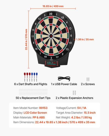 VEVOR Electronic Dart Board, 15.5" Target Dartboard with 43 Games & 320+ Variations for Up to 8 Players, 6 Dart Shafts with Flights & 50 Soft Tips, Color LCD Scoring Screen for Home Party Game Room - DZFBB155INCHSNG86001V9 - view 8