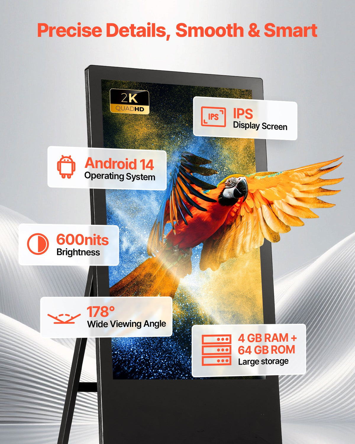 VEVOR 32 in Indoor Digital Signage Floor Standing Advertising Display Kiosk, with WiFi HDMI/USB Input Android OS, 178° Wide View, LCD Screen Interactive Monitor, Commercial Totem Vertical Poster - DZGGT2025GSKAHN81001V1 - view 4