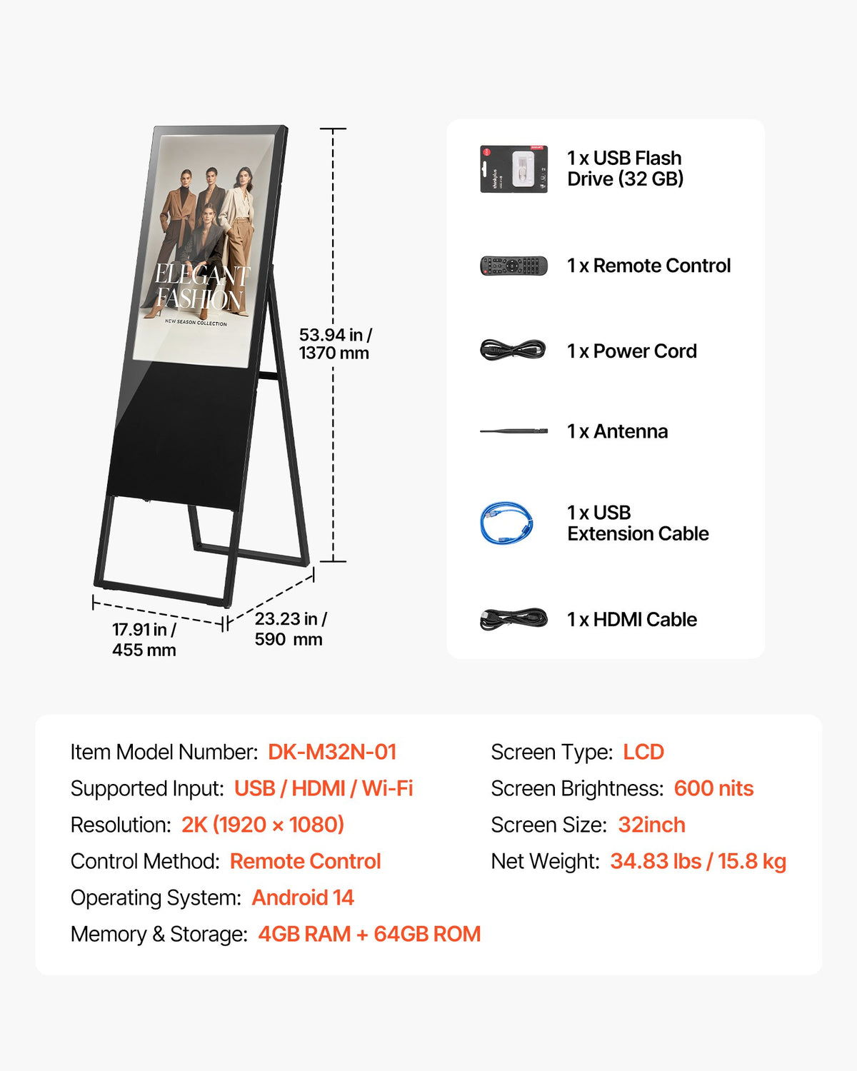 VEVOR 32 in Indoor Digital Signage Floor Standing Advertising Display Kiosk, with WiFi HDMI/USB Input Android OS, 178° Wide View, LCD Screen Interactive Monitor, Commercial Totem Vertical Poster - DZGGT2025GSKAHN81001V1 - view 8