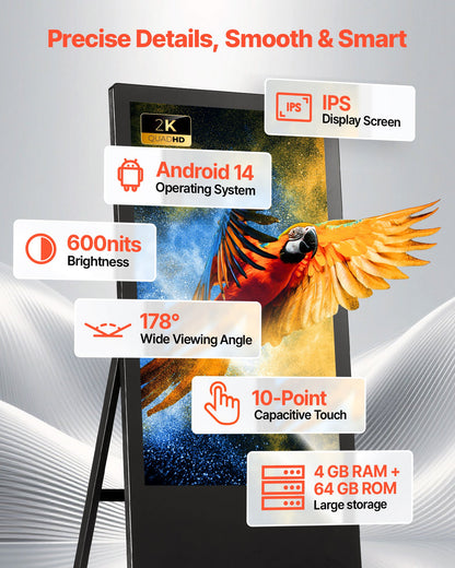 VEVOR 32 in Indoor Digital Signage Floor Standing Advertising Display Kiosk, WiFi HDMI/USB Input Android OS, 178° Wide View, LCD Touchscreen Interactive Monitor, Commercial Totem Vertical Poster - DZGGT2025GSKDJ8XG001V1 - view 4