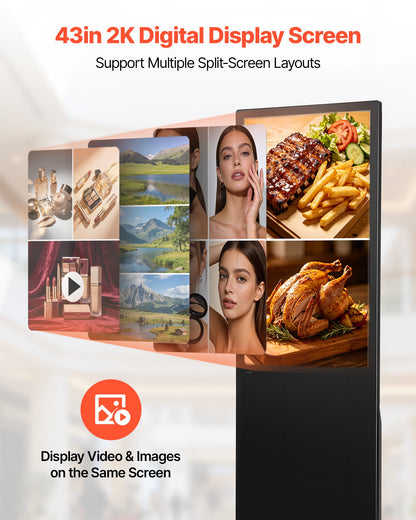VEVOR 43 in Indoor Digital Signage Floor Standing Advertising Display Kiosk, with WiFi HDMI/USB Input Android OS, 178° Wide View, LCD Screen Interactive Monitor