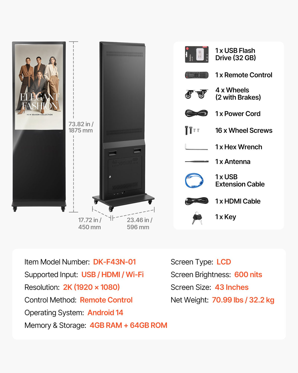 VEVOR 43 in Indoor Digital Signage Floor Standing Advertising Display Kiosk, with WiFi HDMI/USB Input Android OS, 178° Wide View, LCD Screen Interactive Monitor