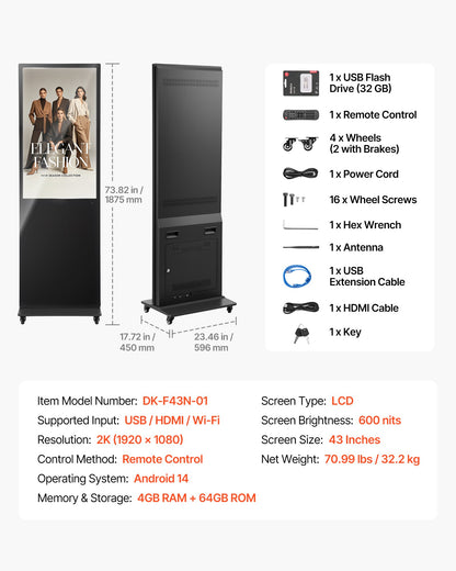 VEVOR 43 in Indoor Digital Signage Floor Standing Advertising Display Kiosk, with WiFi HDMI/USB Input Android OS, 178° Wide View, LCD Screen Interactive Monitor